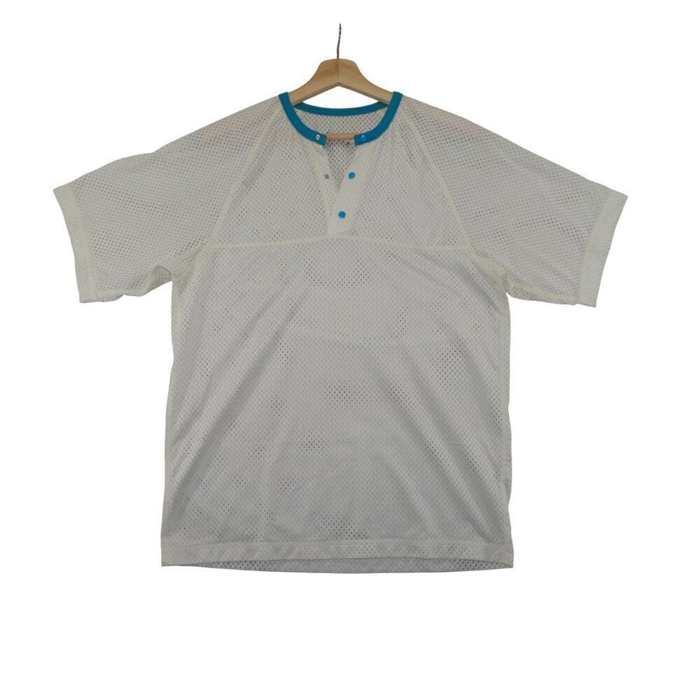Vintage REI White Mesh Henley Shirt with Teal Snap Collar – Size